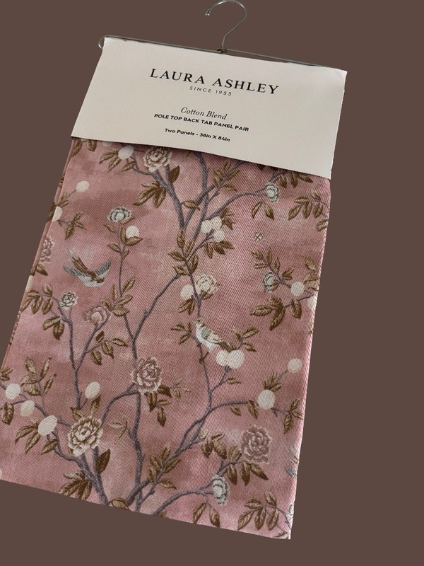 NIP Laura Ashley Window Curtains 2 Panels 38 x 84 Birds Rose Pink Brown Back Tab gallery
