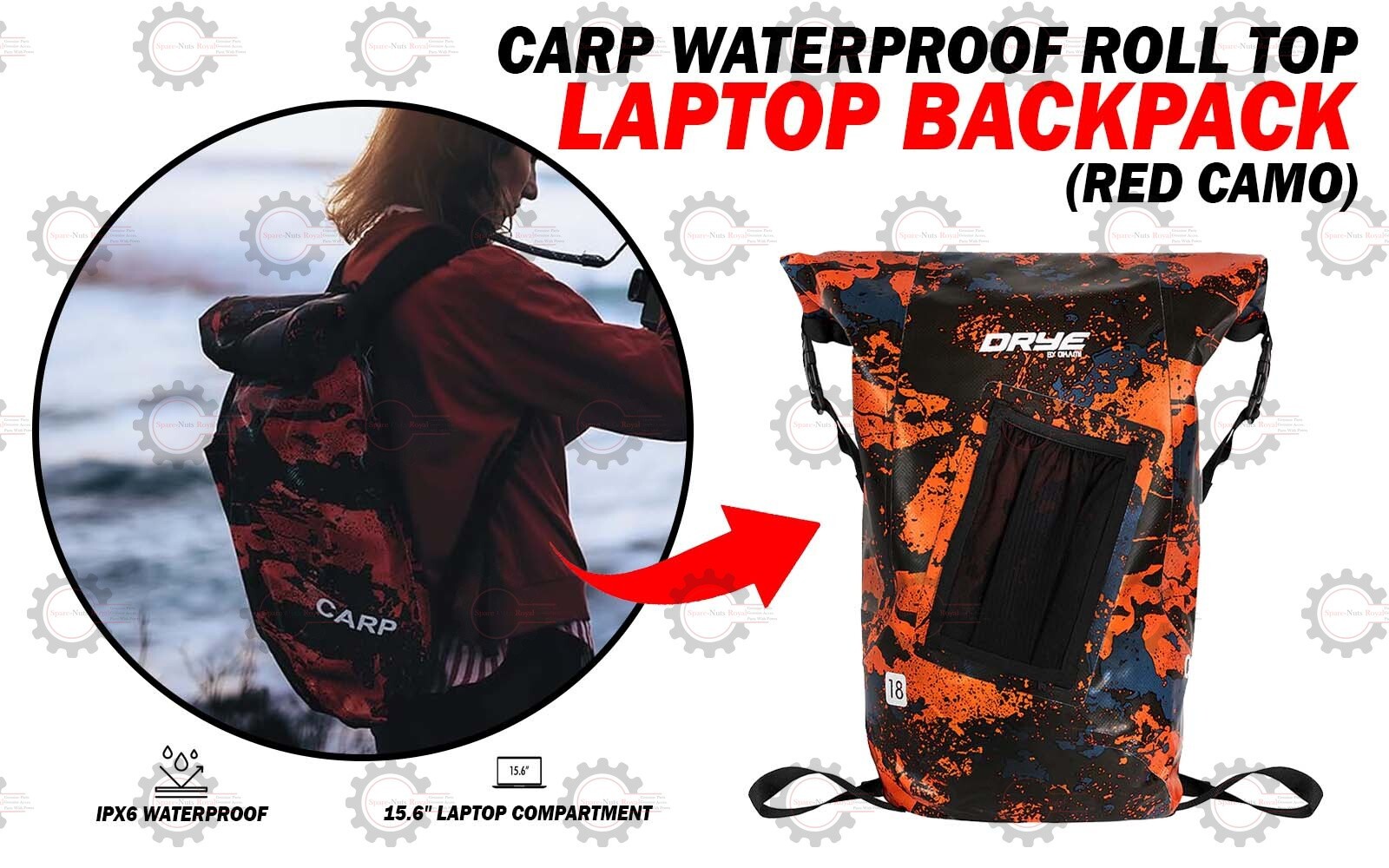 Carp Waterproof Roll "Top Laptop Backpack (Red Camo)"