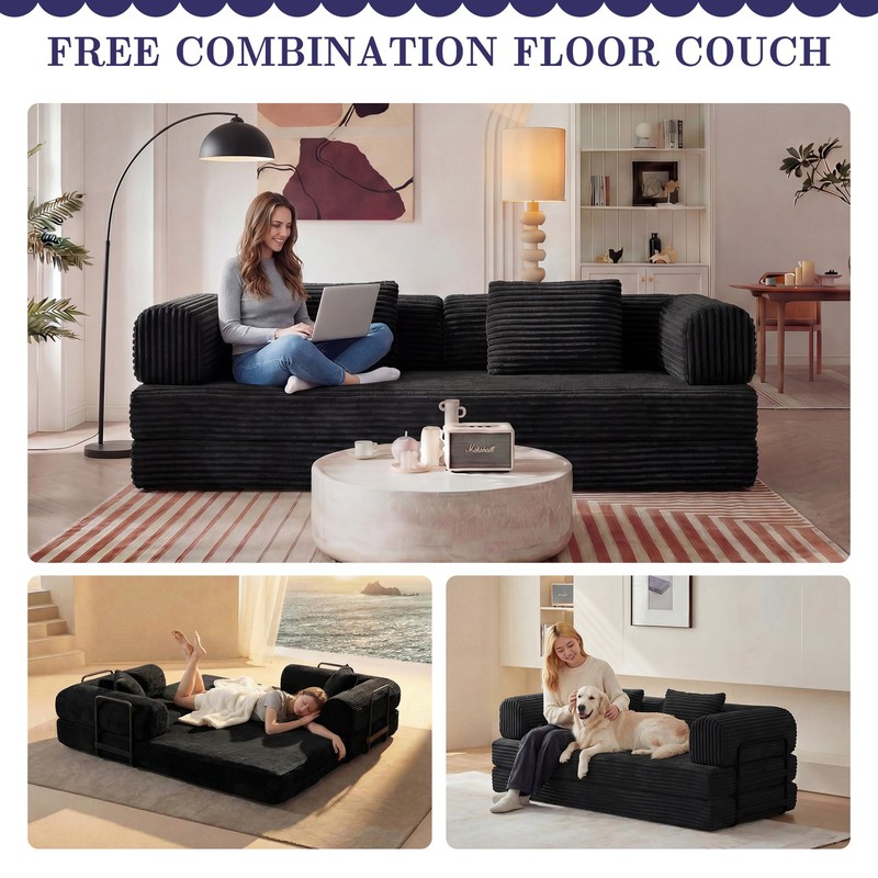 Compression Sofa Convertible Floor Sleep Bed Modular Sectional Corduroy Black gallery