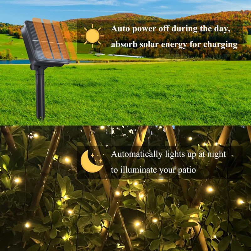 Solar String Lights 72FT 200 LED, 8 Modes, IP65 Waterproof, Warm White, 2 Pack gallery