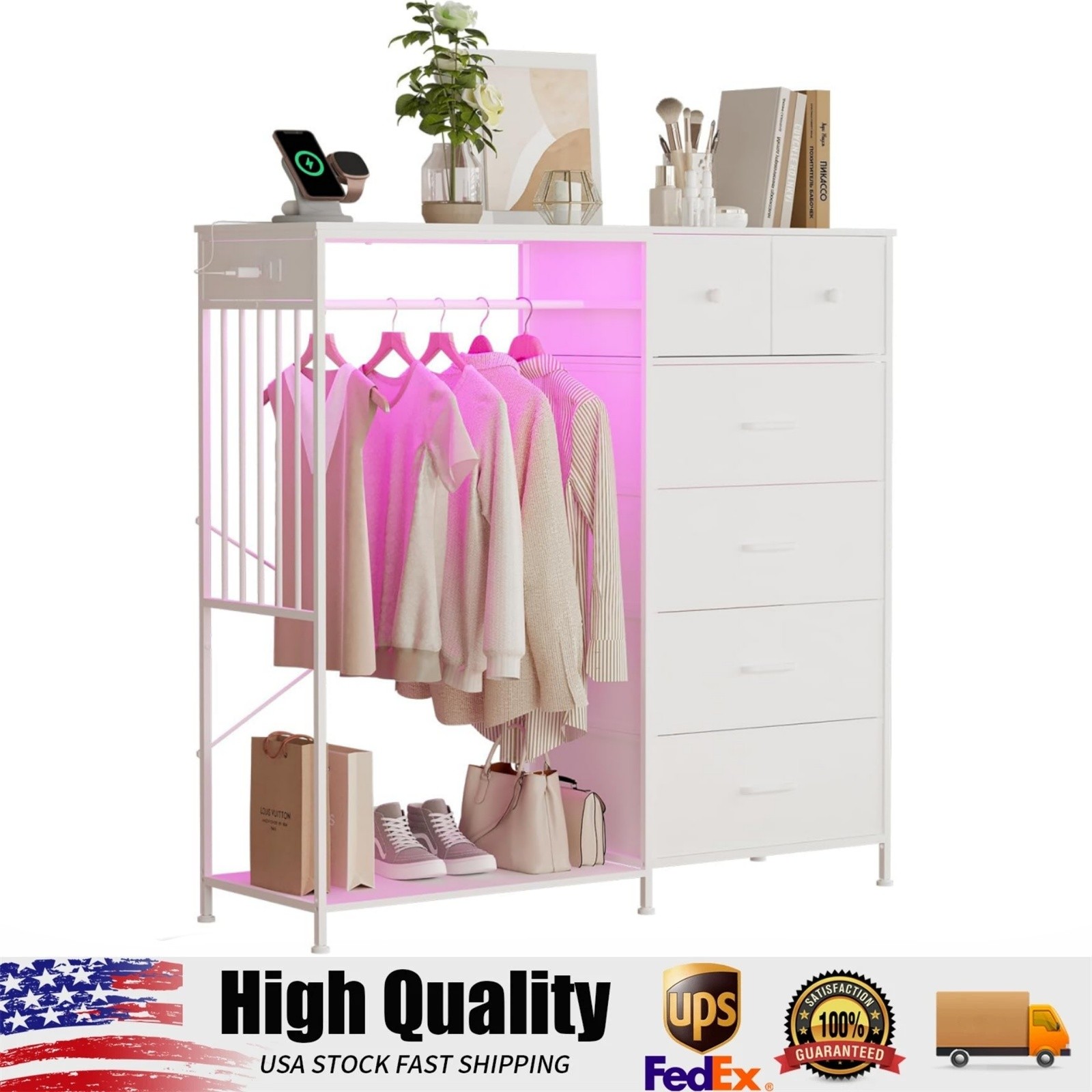6-Drawer Dresser with Hanging Rack & LED Lights, 49.2" Wide Closet Organizer gallery