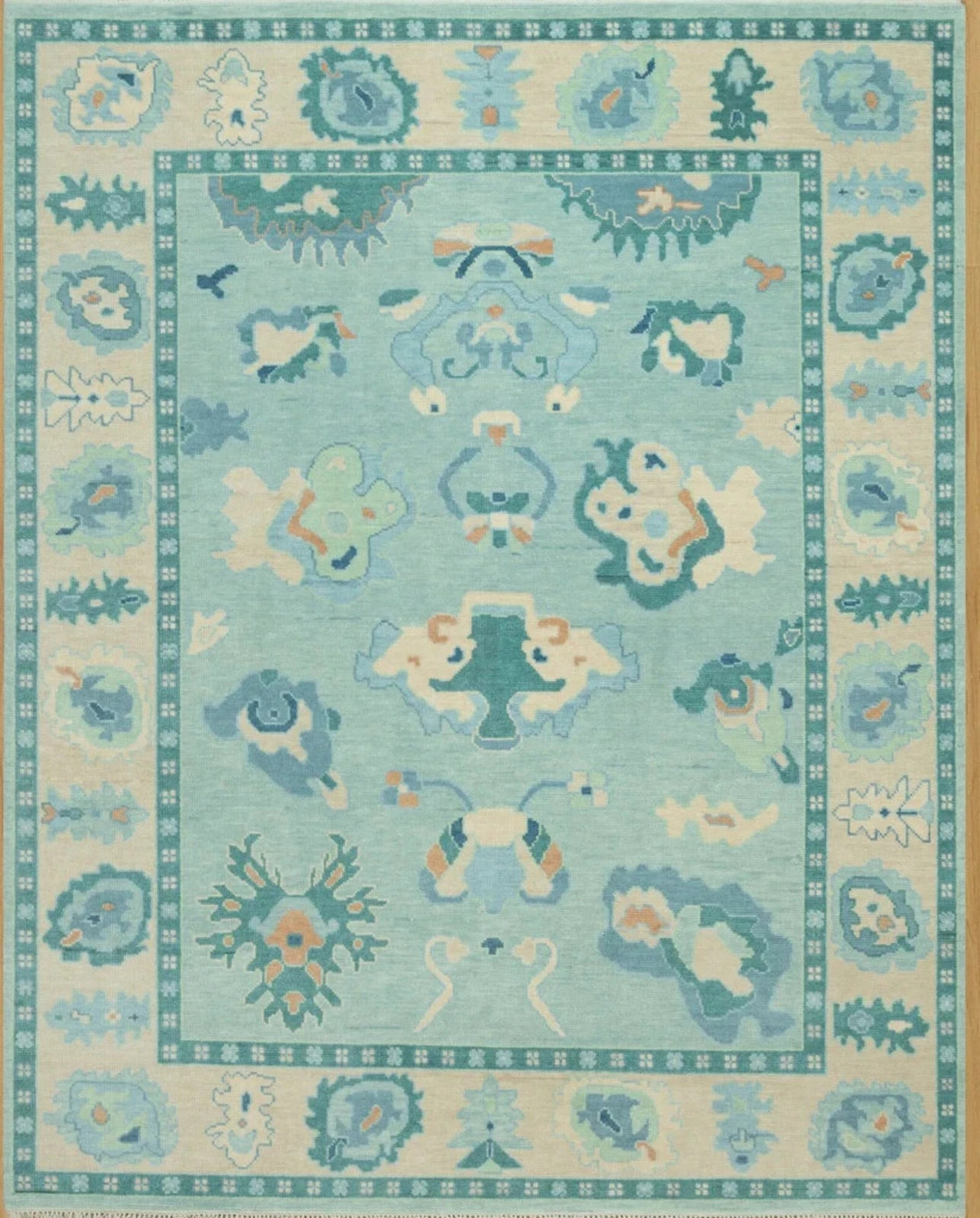 Hand Knotted Oushak Rug Aqua Blue Wool Area Rug Vintage Turkish Floral Carpet gallery
