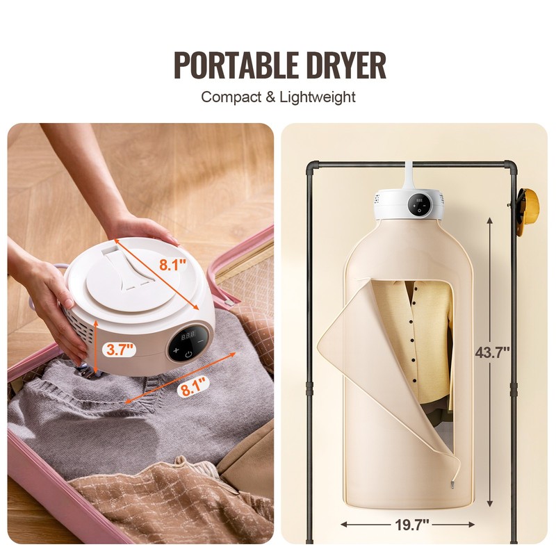 VEVOR Portable Clothes Dryer PTC Heating & LED Display Dryer Bag 5-H Timer 600W gallery
