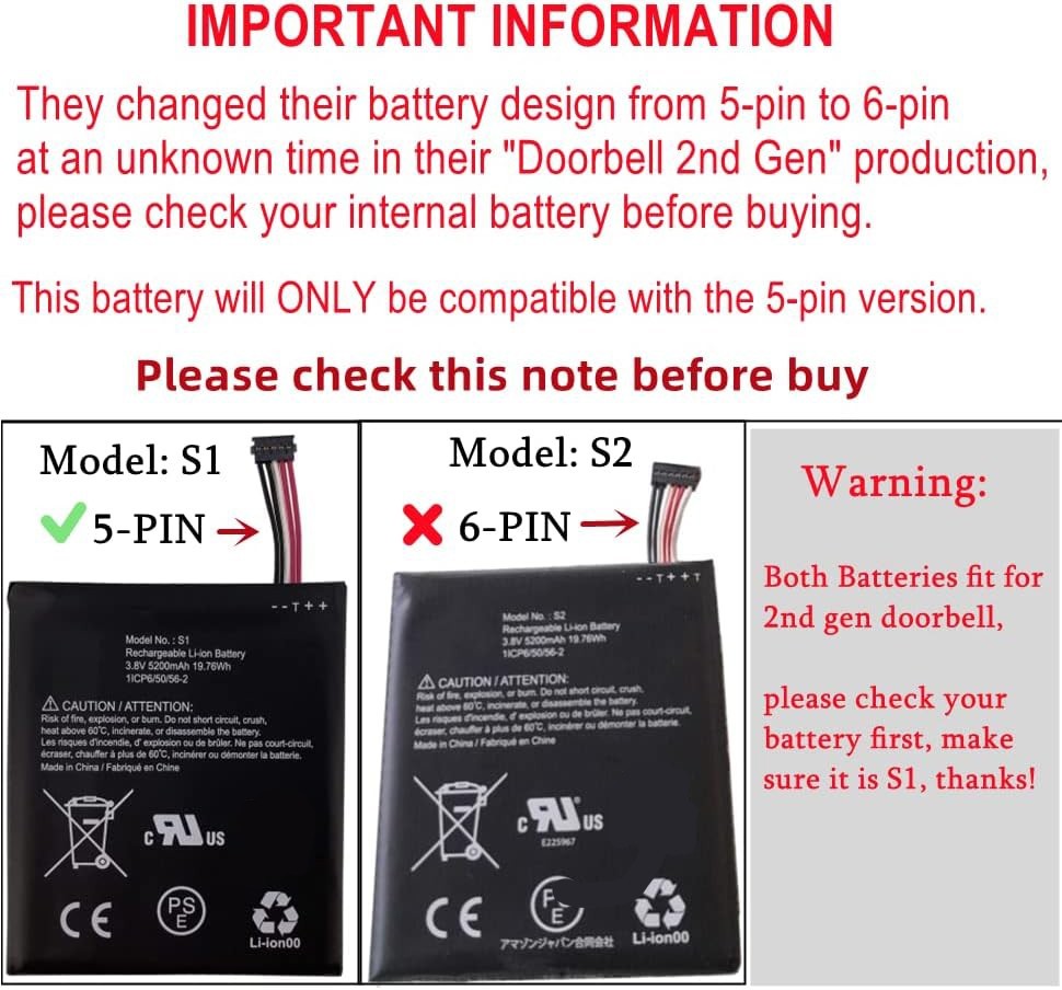 New Battery S1 (5 pins) For Ring Video Doorbell -- 2020 Release 5200mAh gallery