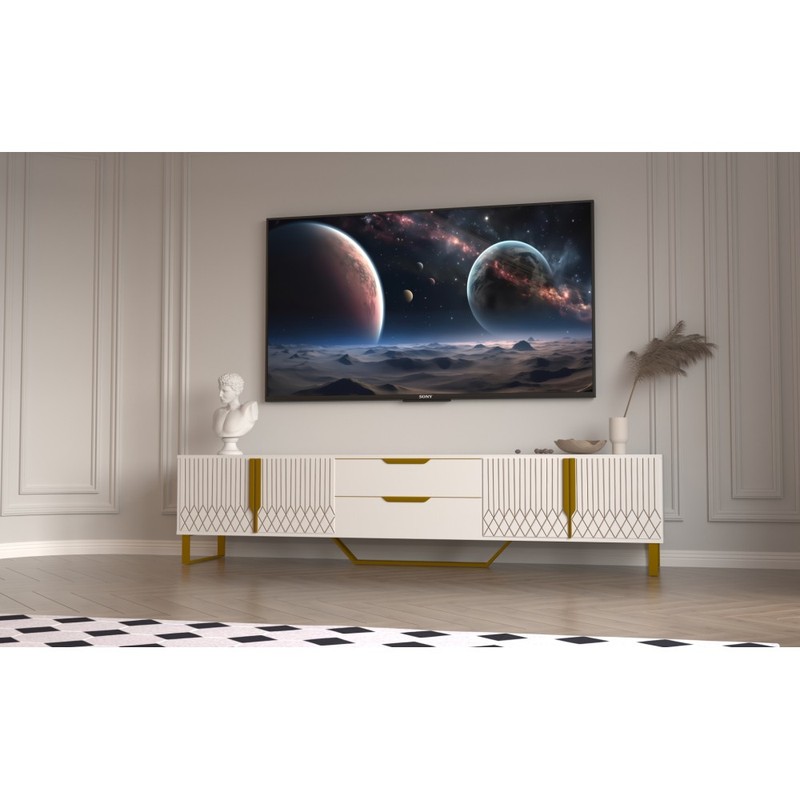 TV Stand with Storage Cabinet Featuring Carved Design With Metal Legs gallery