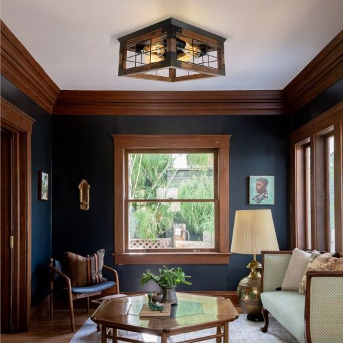 Rustic 2/4 Light Ceiling Fixture，Farmhouse Wood Flush Mount Ceiling Light Cage gallery