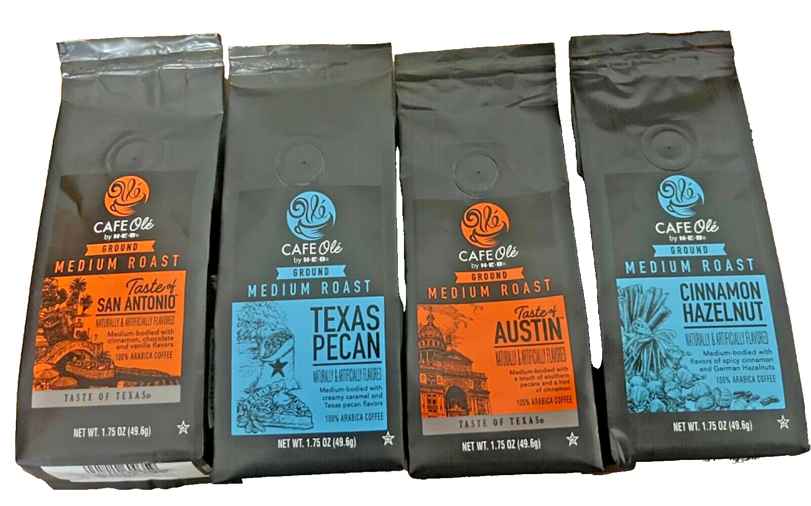 4 Assorted CAFE Ole’ by H-E-B Coffee Grounds All Medium Roast Texas 1.75 oz gallery