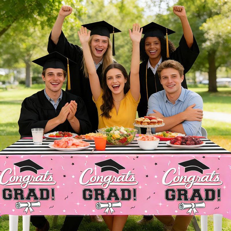 7-Pack Graduation Party Decorations Set, 3 Pink Graduation Tablecloths 54X108In, gallery