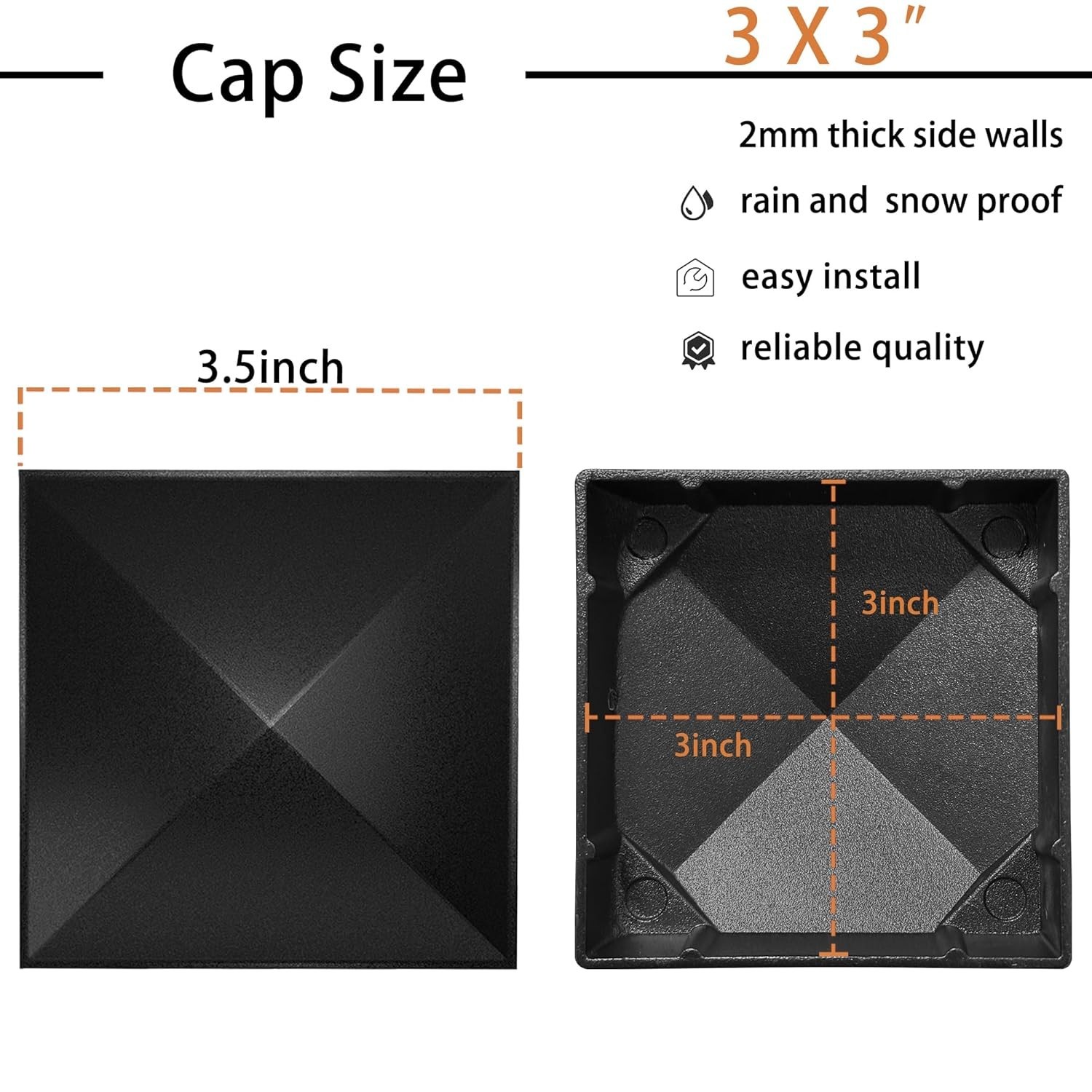 3"x3" Aluminum Pyramid Fence Post Caps - Black Post Deck Covers with Matte gallery