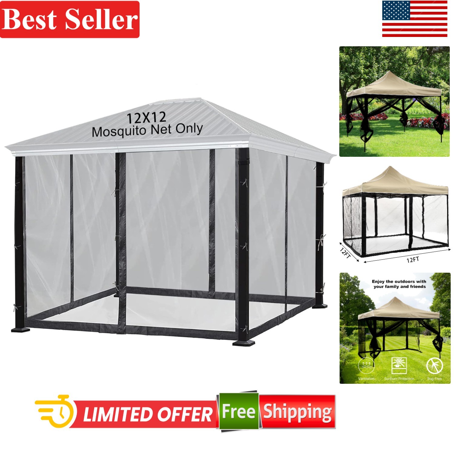Breathable 4-Panel Mosquito Net for 12x12 Gazebos - Waterproof & UV-Protected gallery