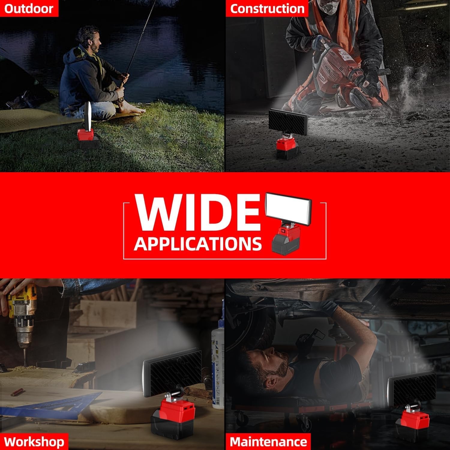 Cordless 8" LED Work Light for Milwaukee M18, 5400 Lumens, USB Charging gallery