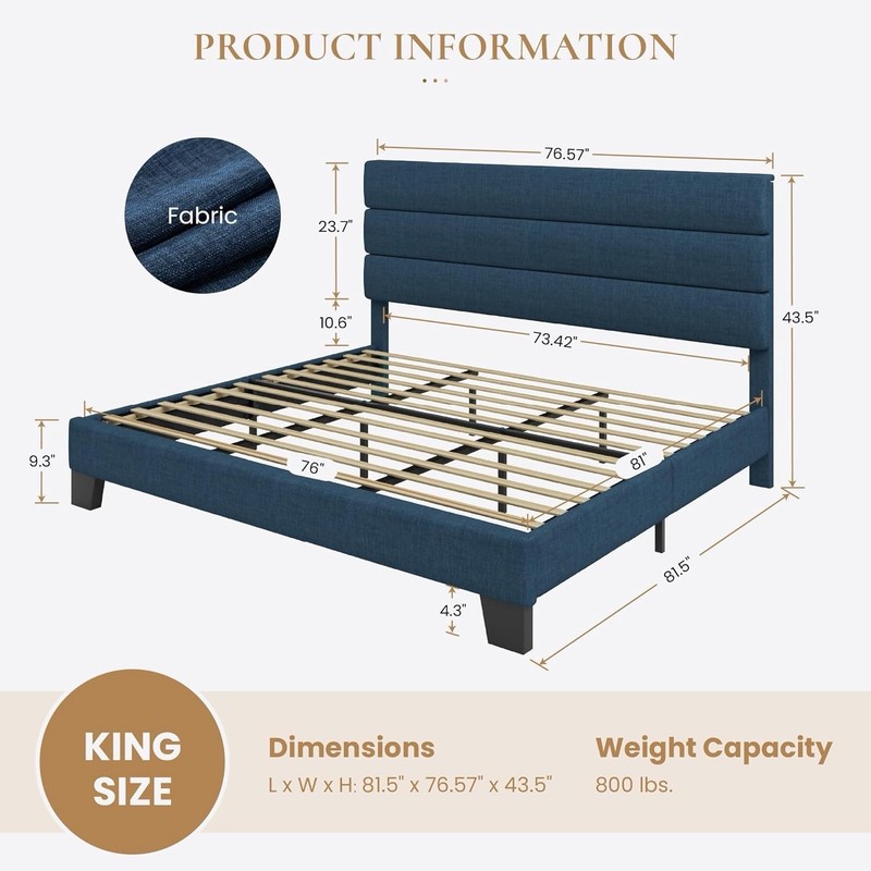SHA CERLIN King Size Platform Bed Frame BLue- Uphostered Headboard gallery