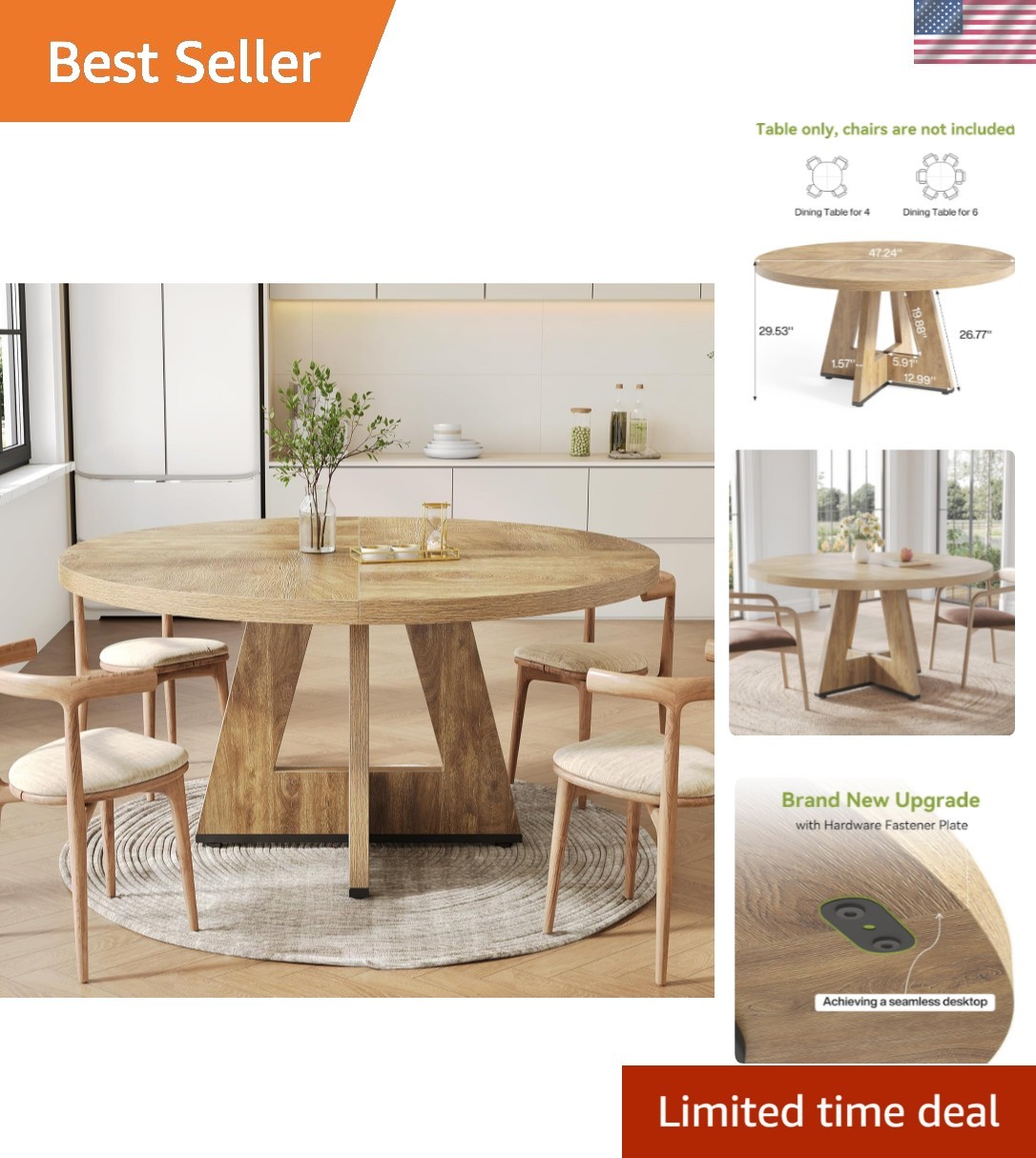 Round Dining Table for 4-6 People, 47 Inches Dining Room Table with Wooden Pe... gallery