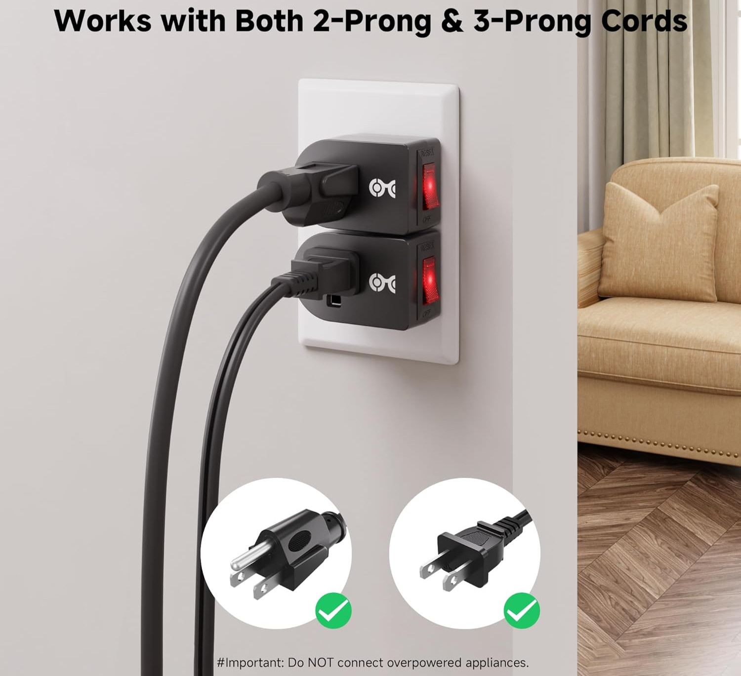 3 Pack Grounded Outlet With ON Off Switch Single Plug In Power Button Black NEW gallery