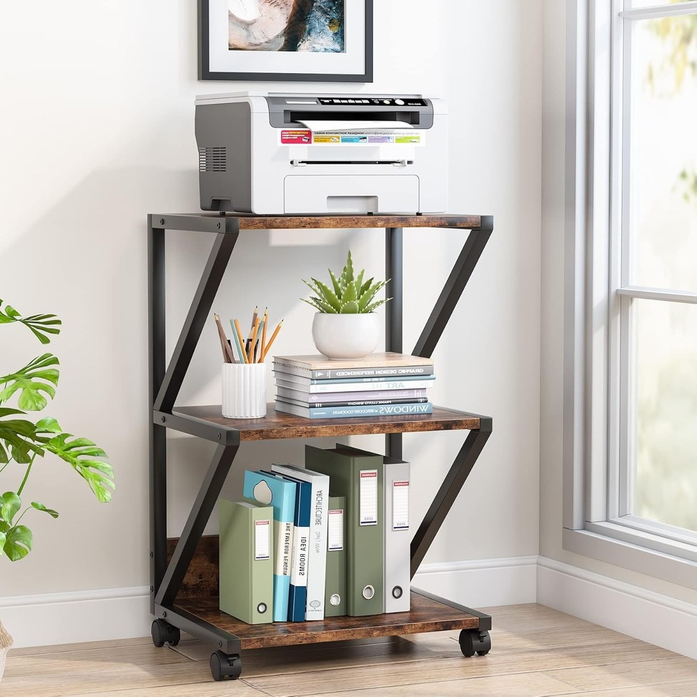 Industrial Printer Stand, 3-Tier Rolling Printer Cart Under Desk Storage shelf