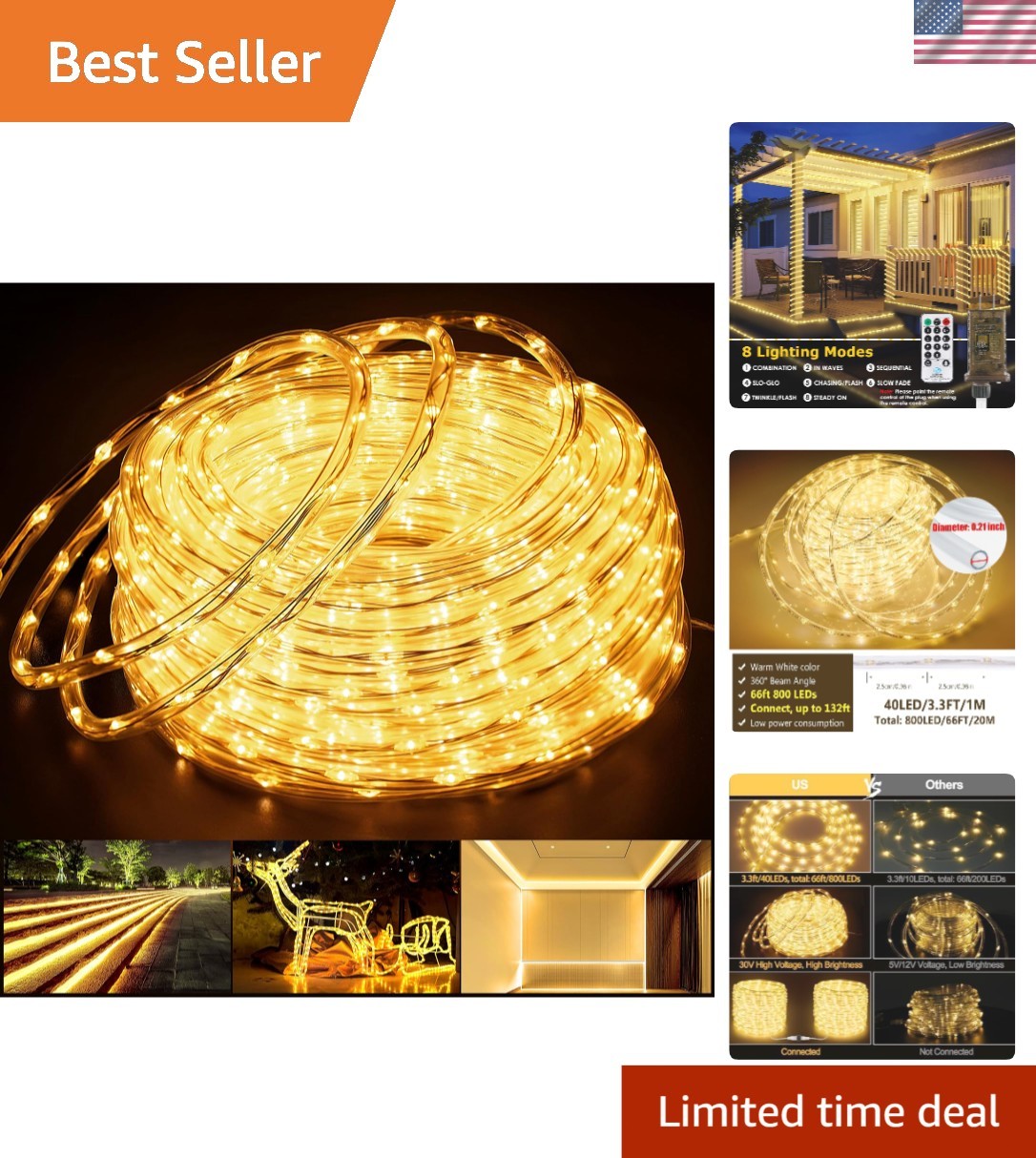 Connectable 66FT LED Rope Lights Outdoor Indoor Warm White Waterproof Decor gallery