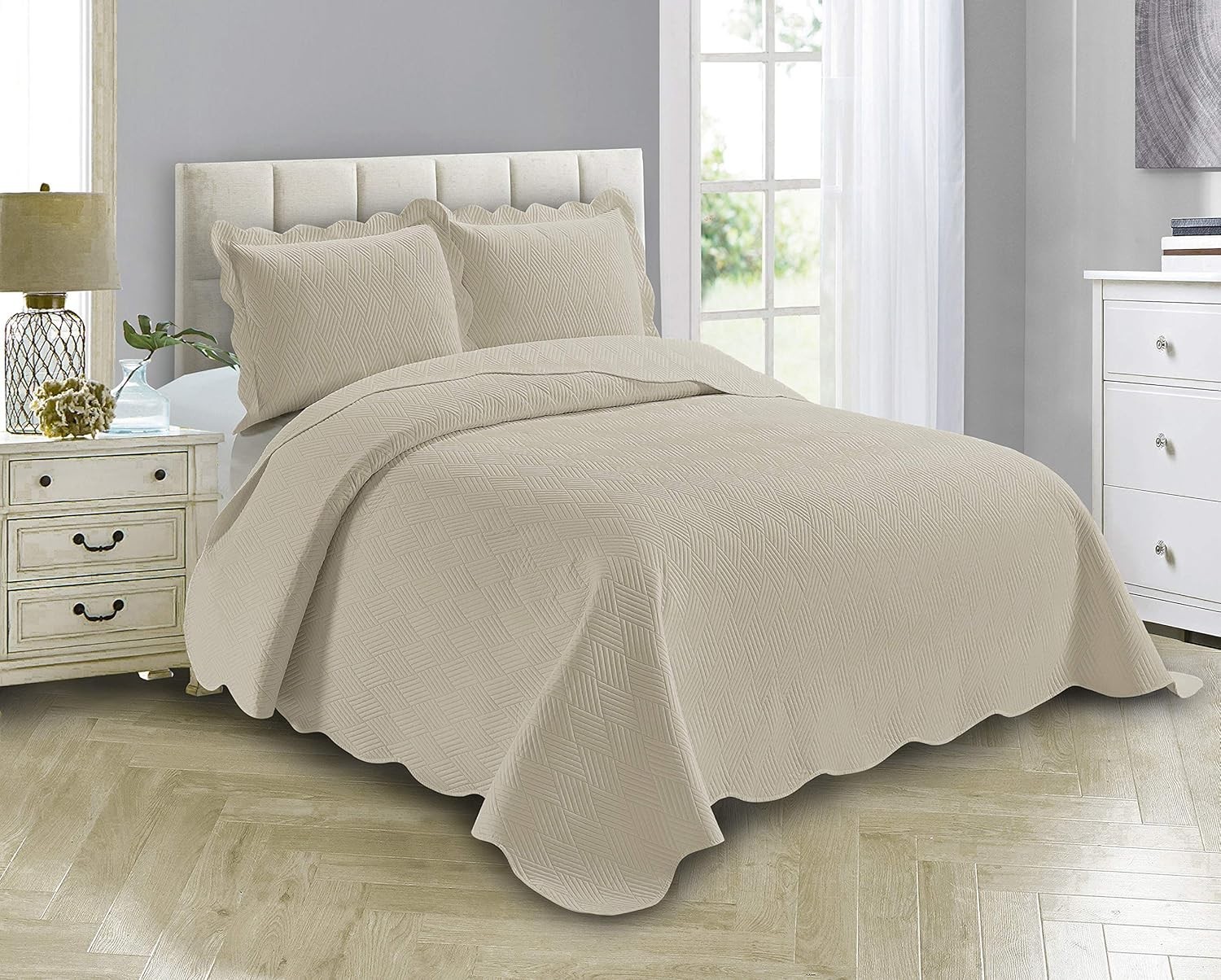 Luxury Oversized Coverlet Embossed Bedspread Set Solid Beige Full/Queen Bed C... gallery