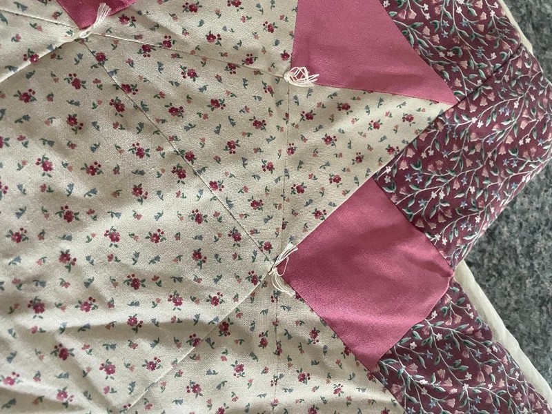VTG Handmade Patchwork Quilted Table Runner 38"x18"~Hand Tied~Pink/Beige/Green gallery