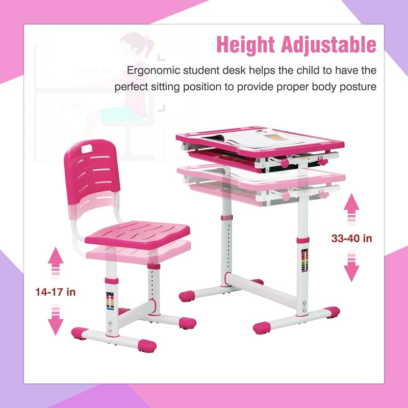 Kids Desk and Chair Set,Height Adjustable Study Desk for Kids w/ Pull Out Drawer gallery