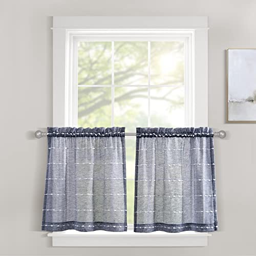 Farmhouse Textured Sheer Kitchen Window Curtain 18"W x 18"L (Pack of 2) Navy gallery