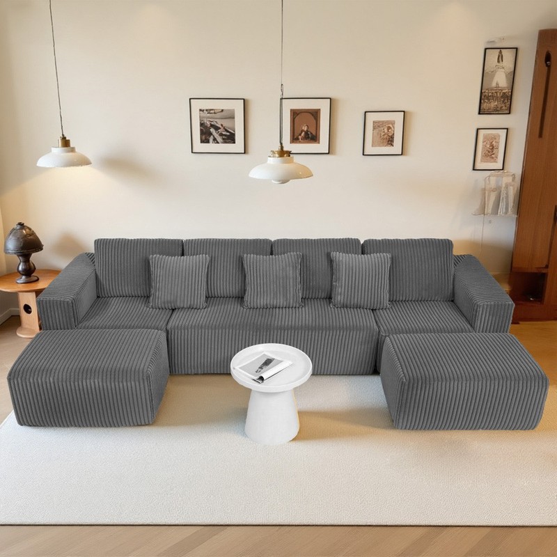 132" Modular U-Shaped Sectional, Gray Striped Corduroy, Reversible Chaise gallery