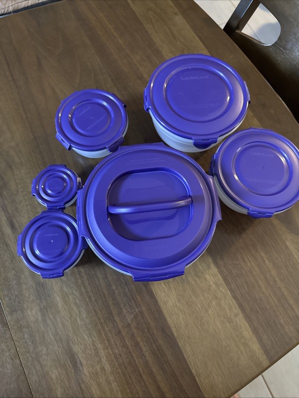 Lock & Lock 6pc Round Plastic Storage Container Set Clear Purple Snap Lid gallery