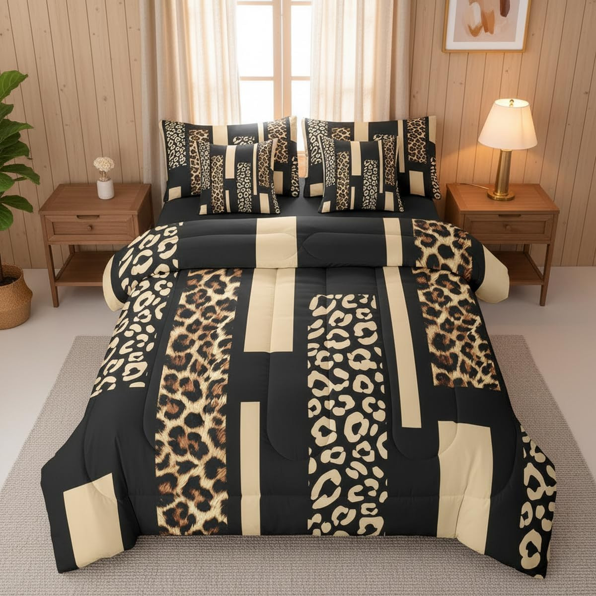 Leopard Print Comforter Set with Sheets 7 Piece Beige Brown Stripes Cheetah Bed gallery