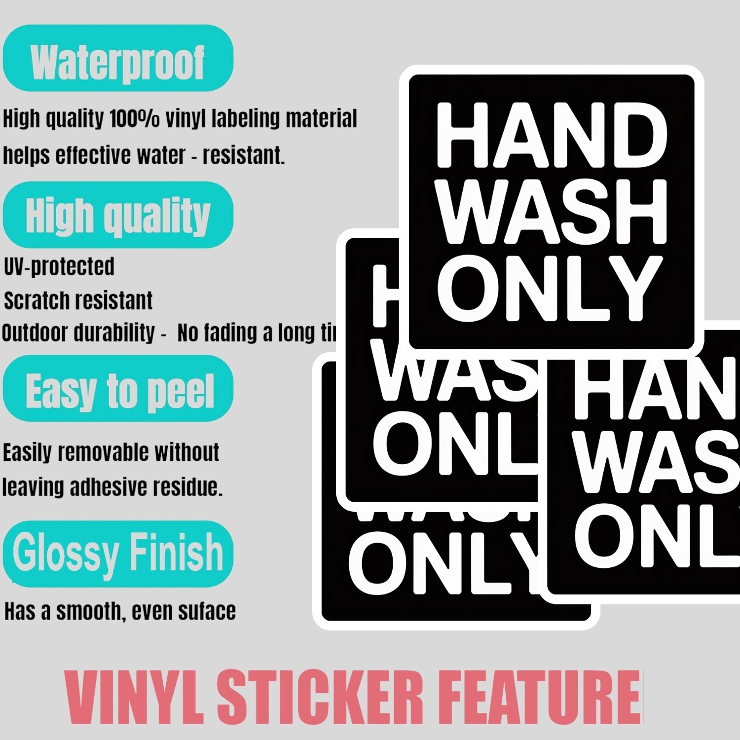 Hand Wash Only Stickers: Waterproof Hygiene Reminder Decals - 4 Piece gallery