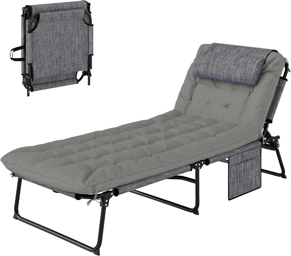 Folding Chaise Lounge with 4-Level Reclining Back, Outdoor Tanning Chair with Cu