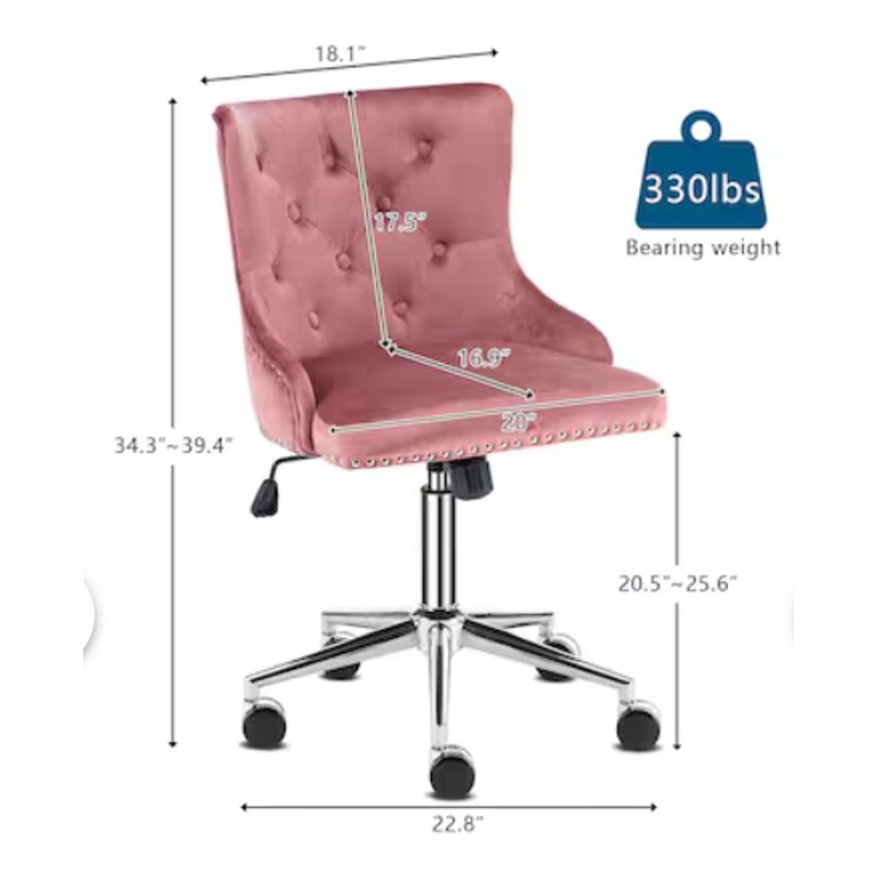 Pink Velvet Swivel Upholstered Armless Office Desk Chair w Gold Base Wheels Back gallery