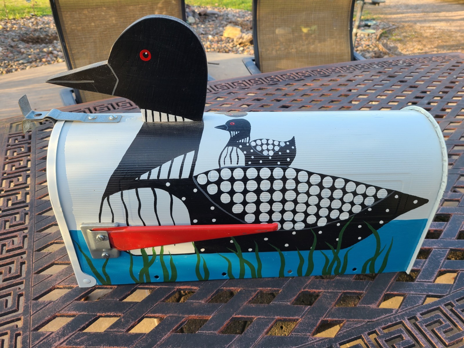 Custom Hand painted Mailbox Loon Baby Scene Vintage Steel City 86 Cabin County gallery