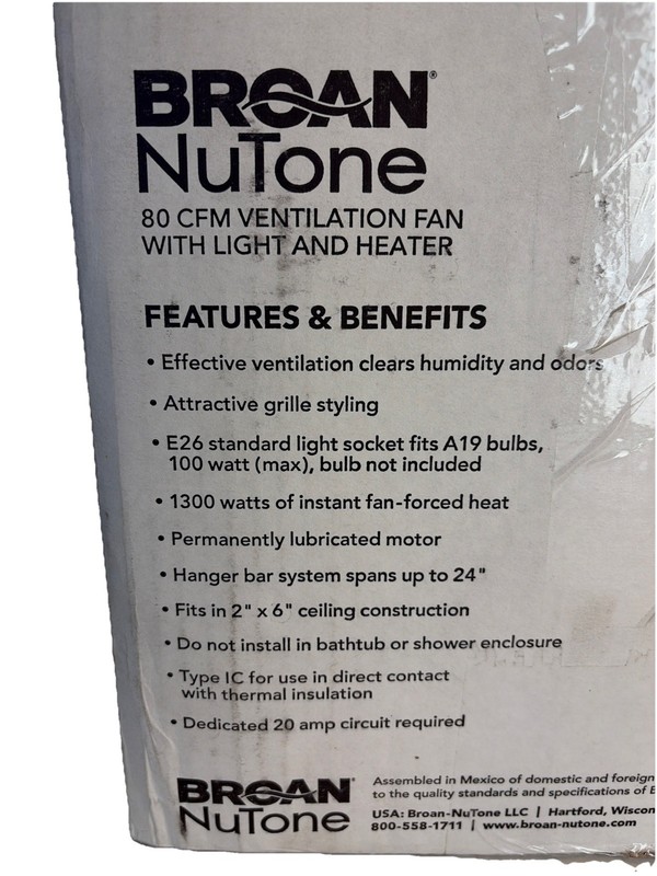 NuTone 765H80L 80 CFM Ceiling Bathroom Exhaust Fan with Light and 1300W Heater gallery