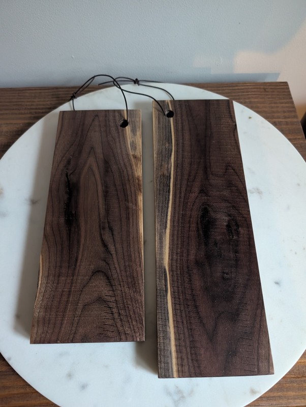 Genuine Solid Walnut Charcuterie Boards Rustic Serving Board Set of 2 W/ Leather gallery