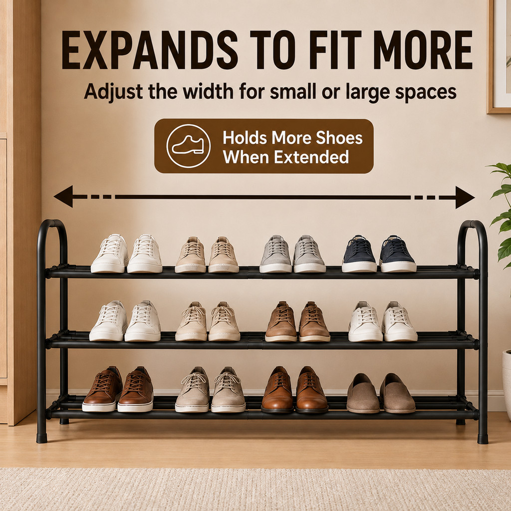 3-layer 3bar extendable shoe rack, saves space for storage, made of sturdy metal gallery