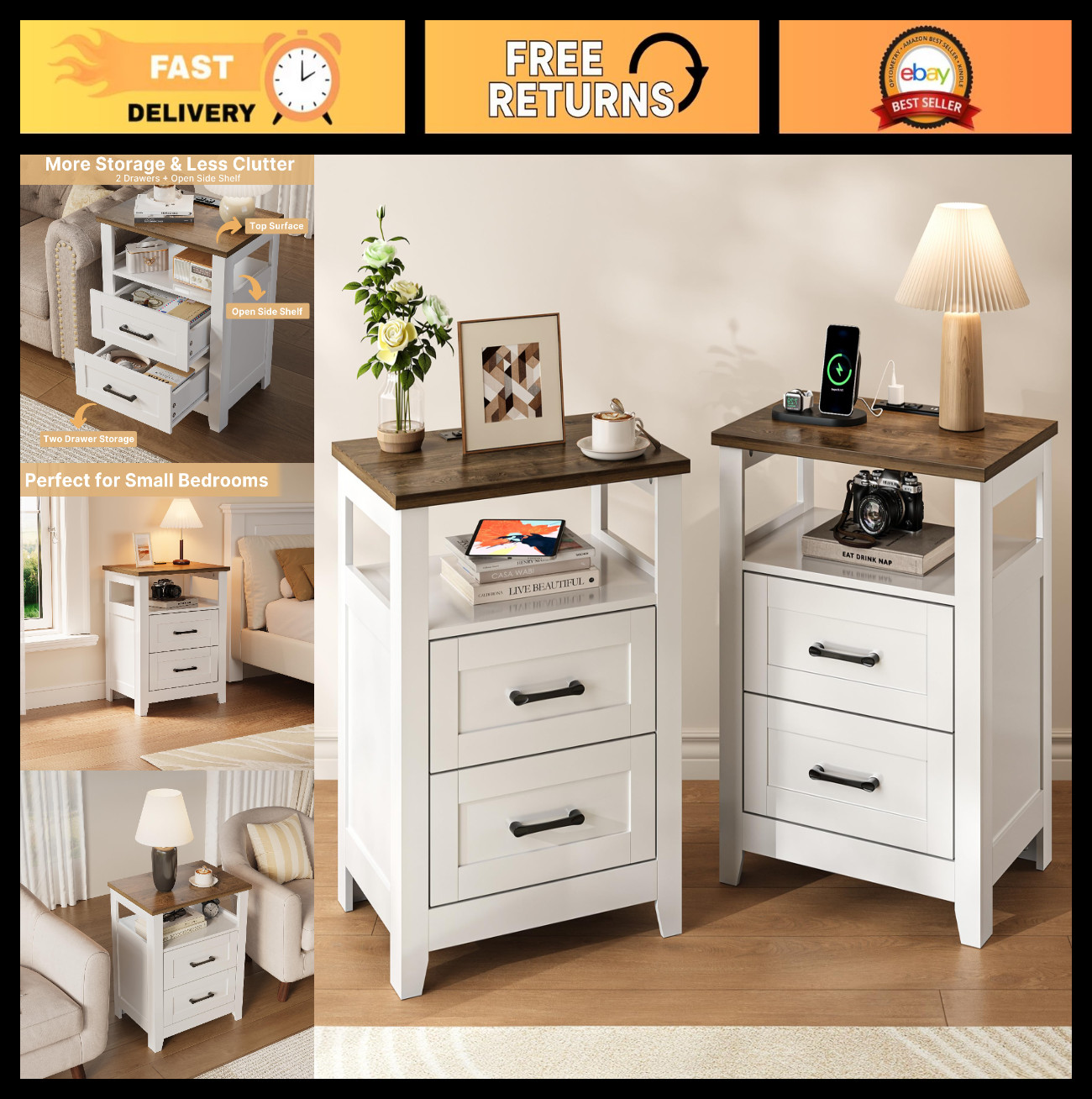 Farmhouse Nightstand Set with Charging Station, 2 Drawers & USB Ports, Rustic En gallery