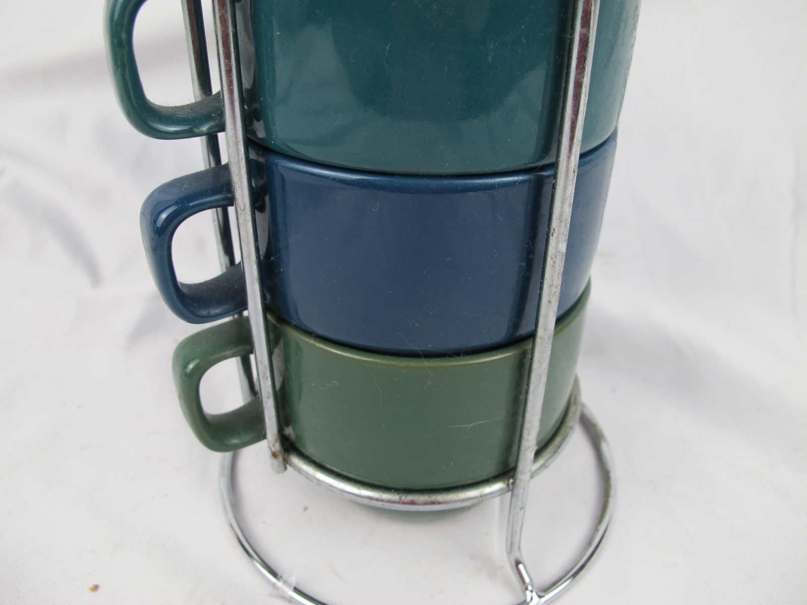 (6) World Market Stacking Mugs Cups Multi-Colored w/ Chrome Stand gallery