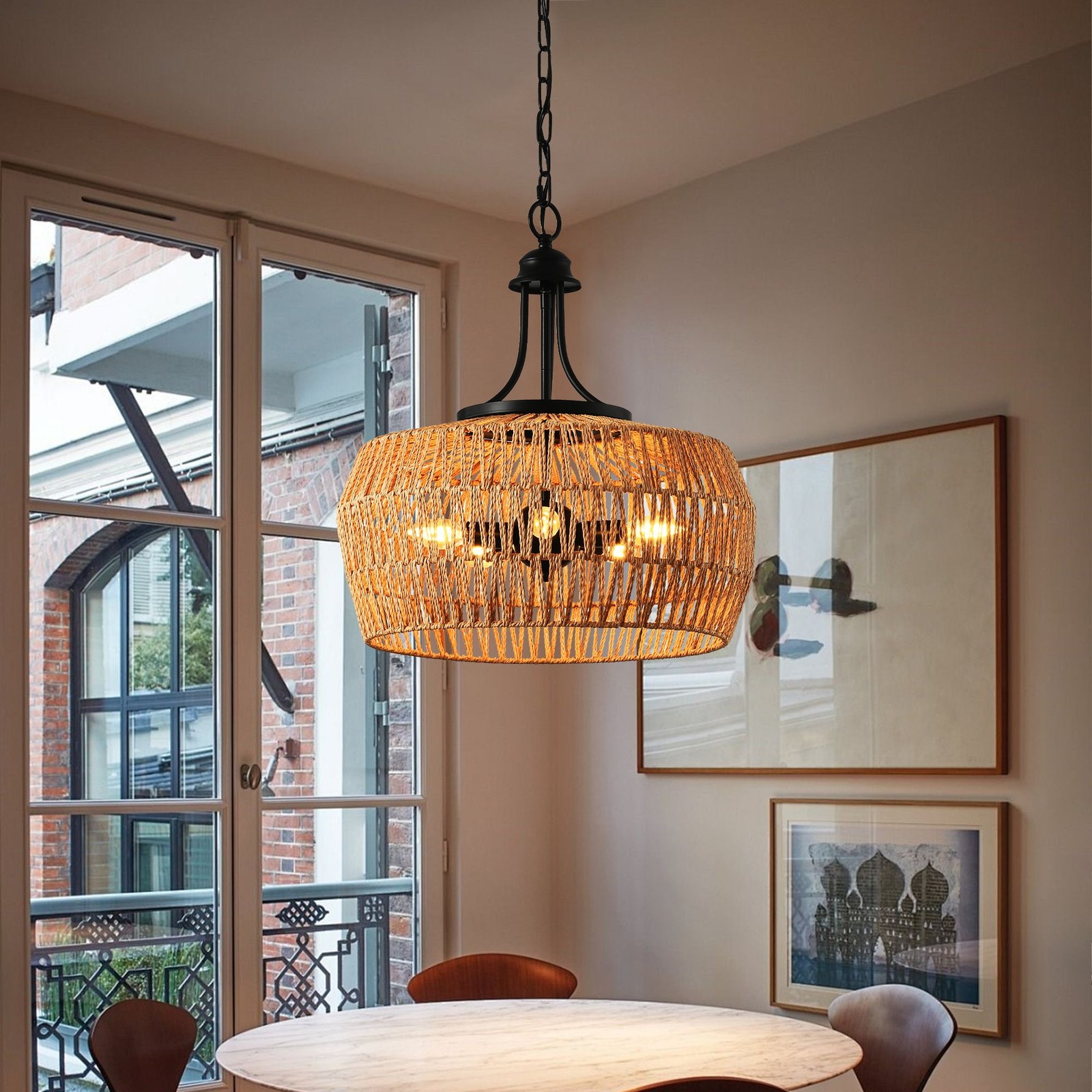 Boho Hemp Rope Pendant Light, Hand-Woven Jute 19" gallery