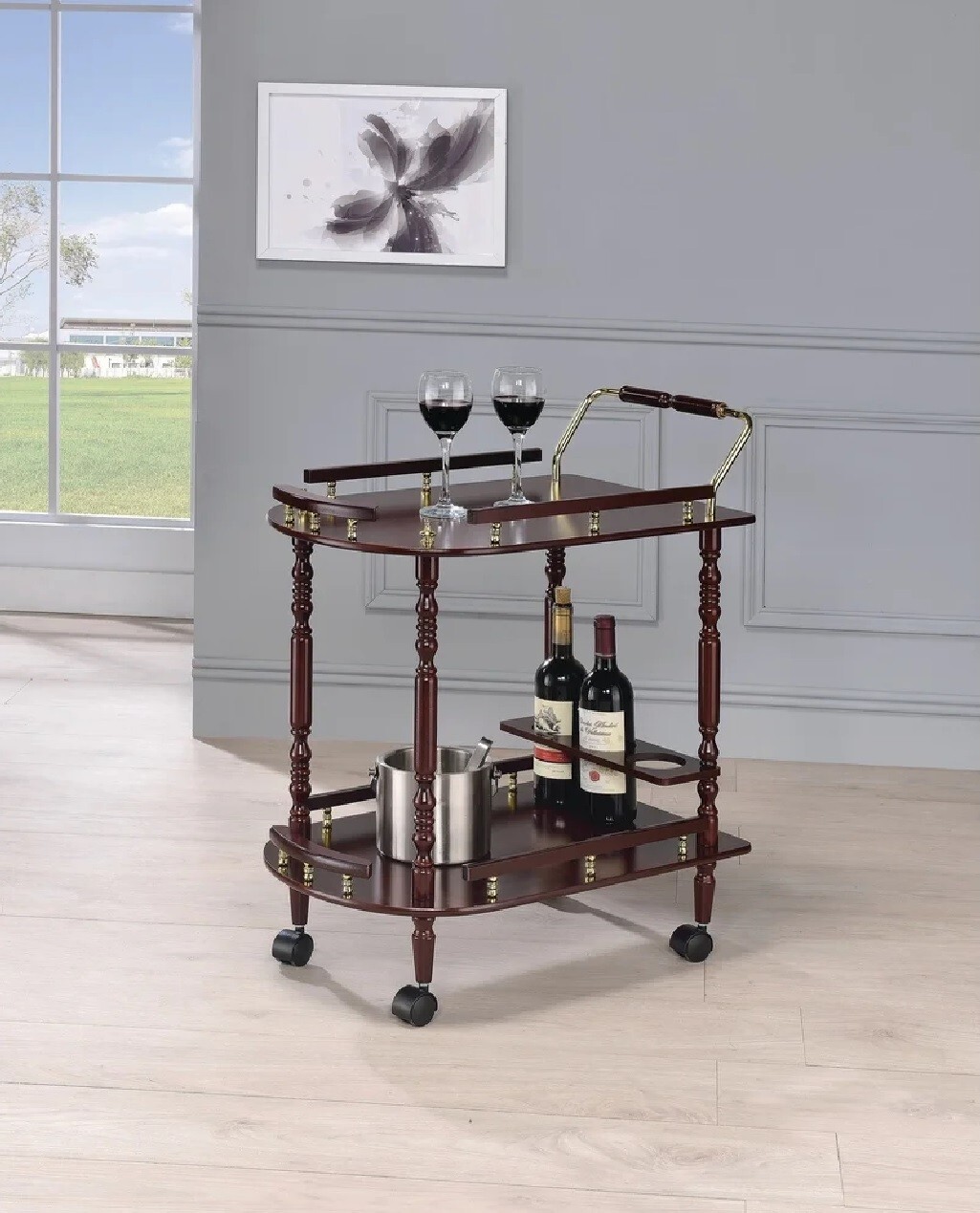 Rolling Serving Bar Cart Wood Cherry Finish Trolley Storage Shelf Wine Rack gallery