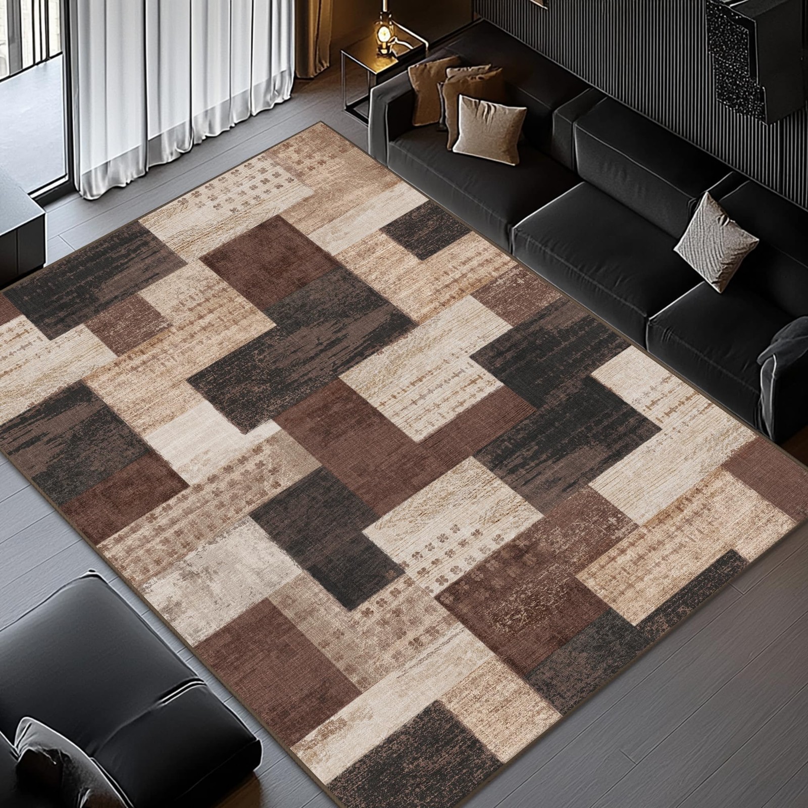 Area Rug 9 x 12 Modern Geometric Patchwork Chocolate Brown Rockwood QDUIDU Room gallery