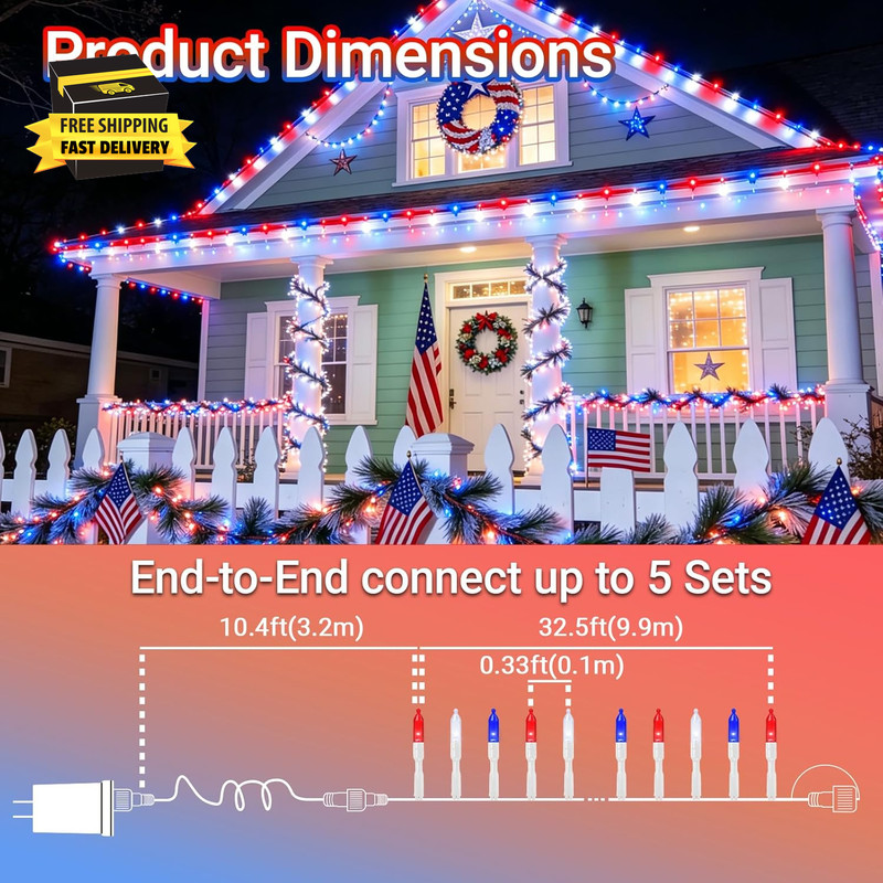 33FT 100 LED Mini Patriotic String Lights, White Wire 4 Inch Spacing Plug-In Wat gallery