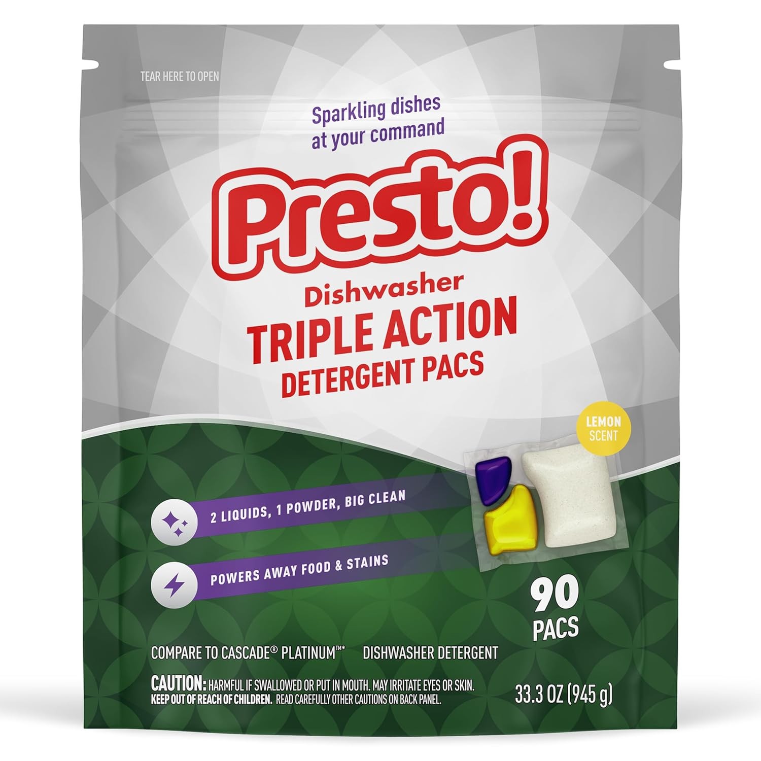 Presto Triple Action Dishwasher Pacs Lemon Scent 90 Count Fresh Scent Power gallery