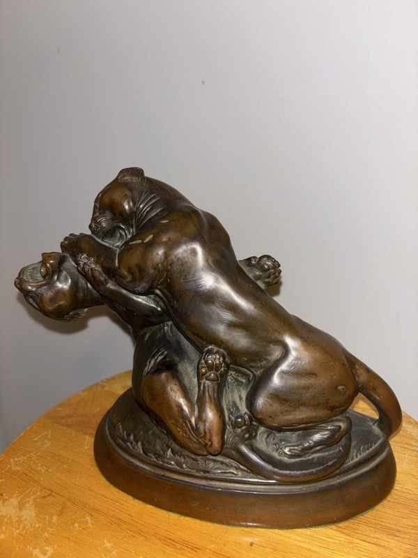 Antique Bronze Sculpture Two Panthers Fighting Wild Animal Art Statue gallery