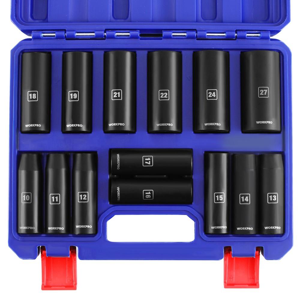 WORKPRO 14pc1/2''Drive Deep Impact Socket Set 6-Point Impact Deep w/Storage Case