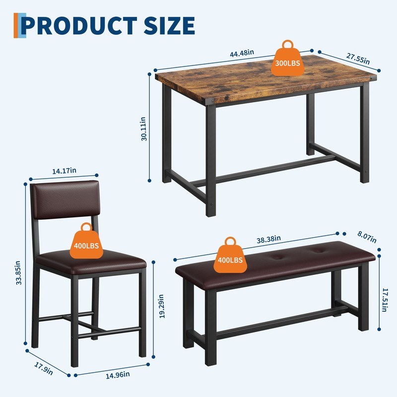 Modern 4-Piece Dining Table Set for 4, Kitchen Table, Bench, 2 Padded Chairs gallery