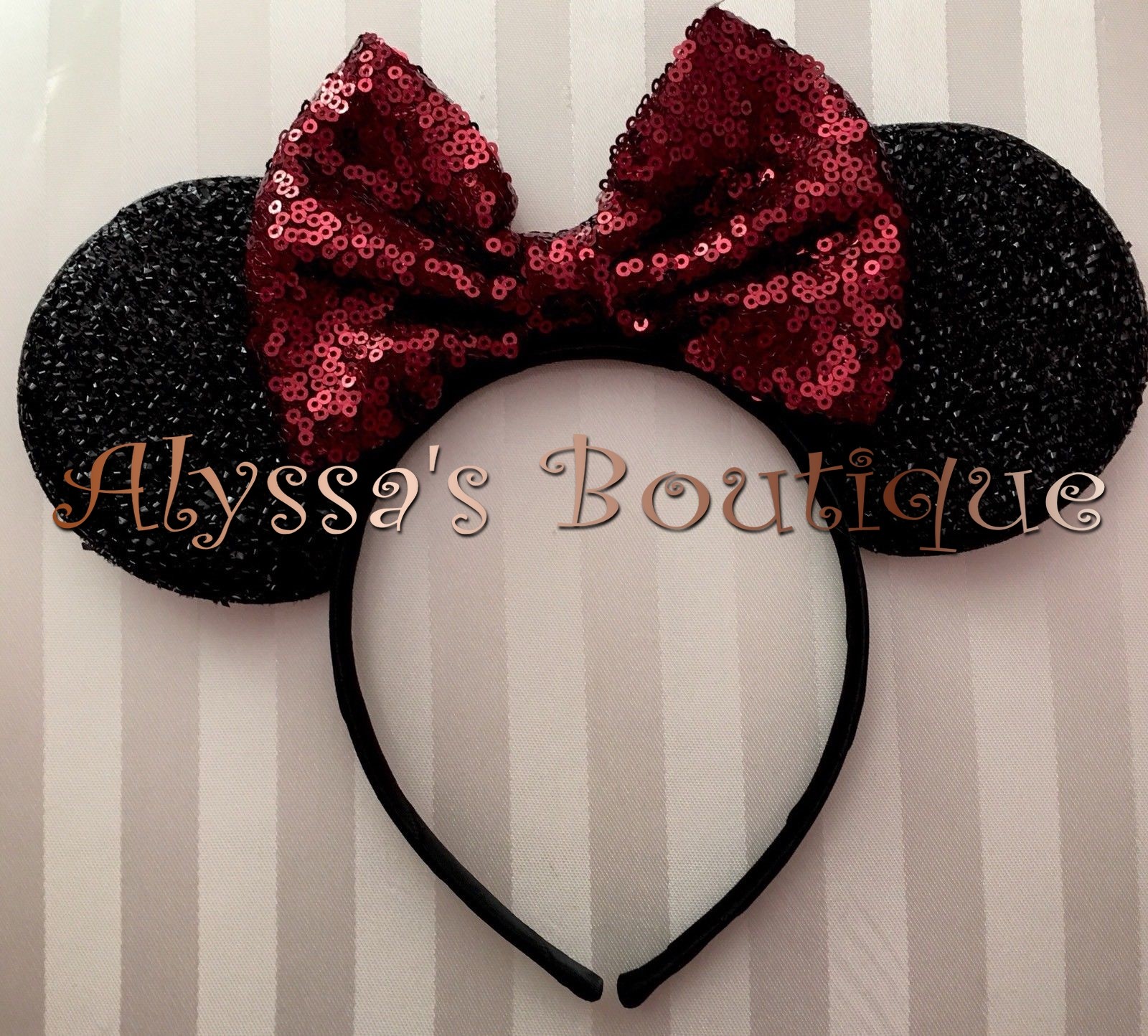 NEW Minnie Mouse Ears Headband Sparkle Shimmer Black Big Sequin Maroon Bow PARTY gallery