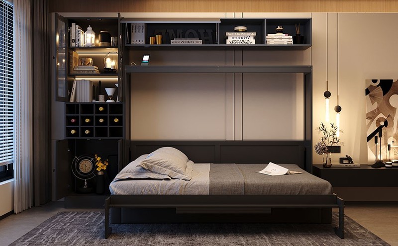 Full Size Murphy Bed with Sofa, Shelves, USB & Light, Gray gallery