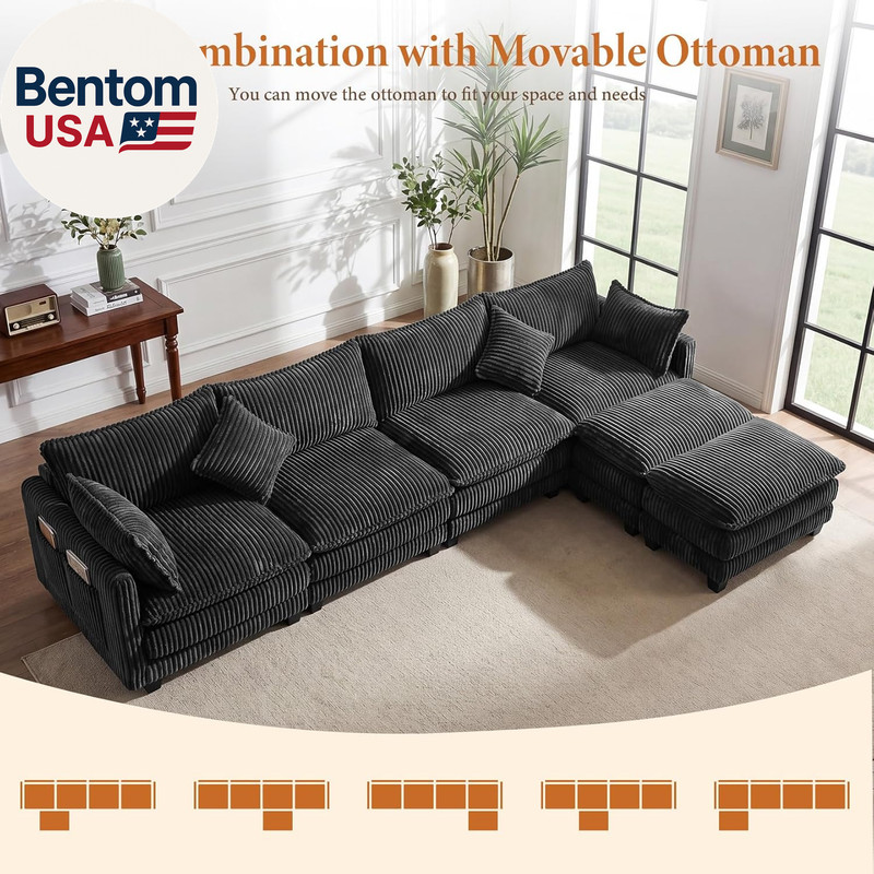 143" L Shaped Modular Sectional Couch, Comfy Corduroy Upholstered Cloud Couches gallery