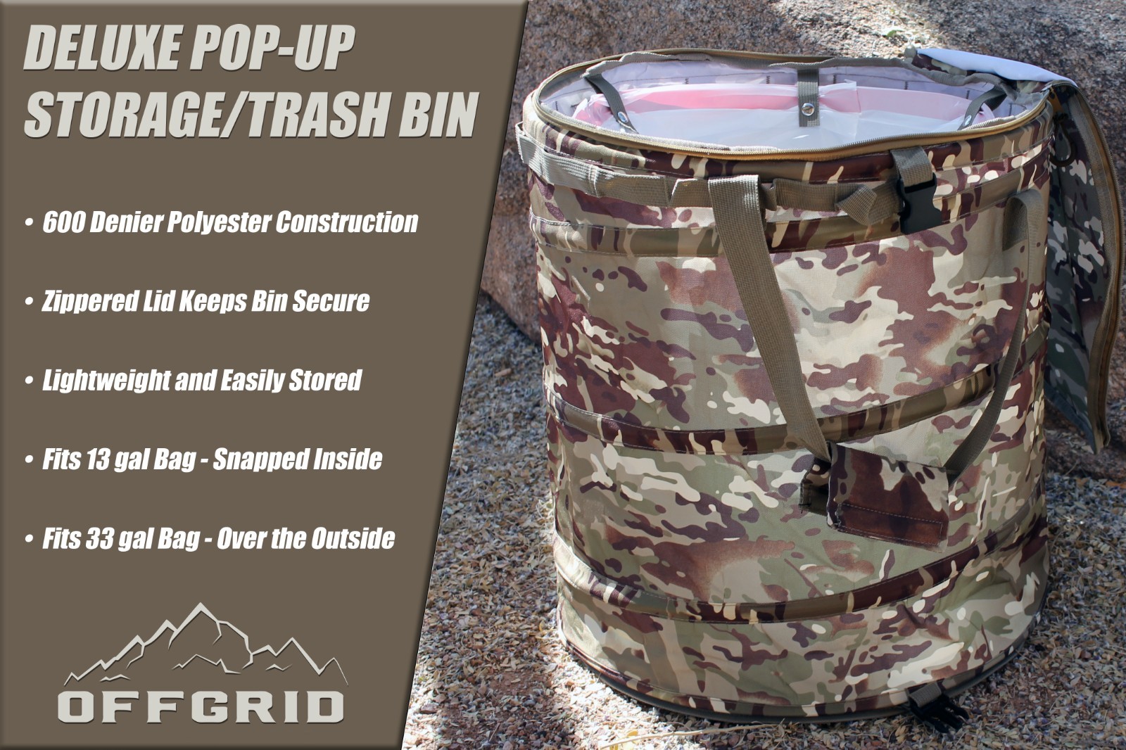 OFFGRID Pop Up Trash Can & Storage Bin - Camouflage gallery