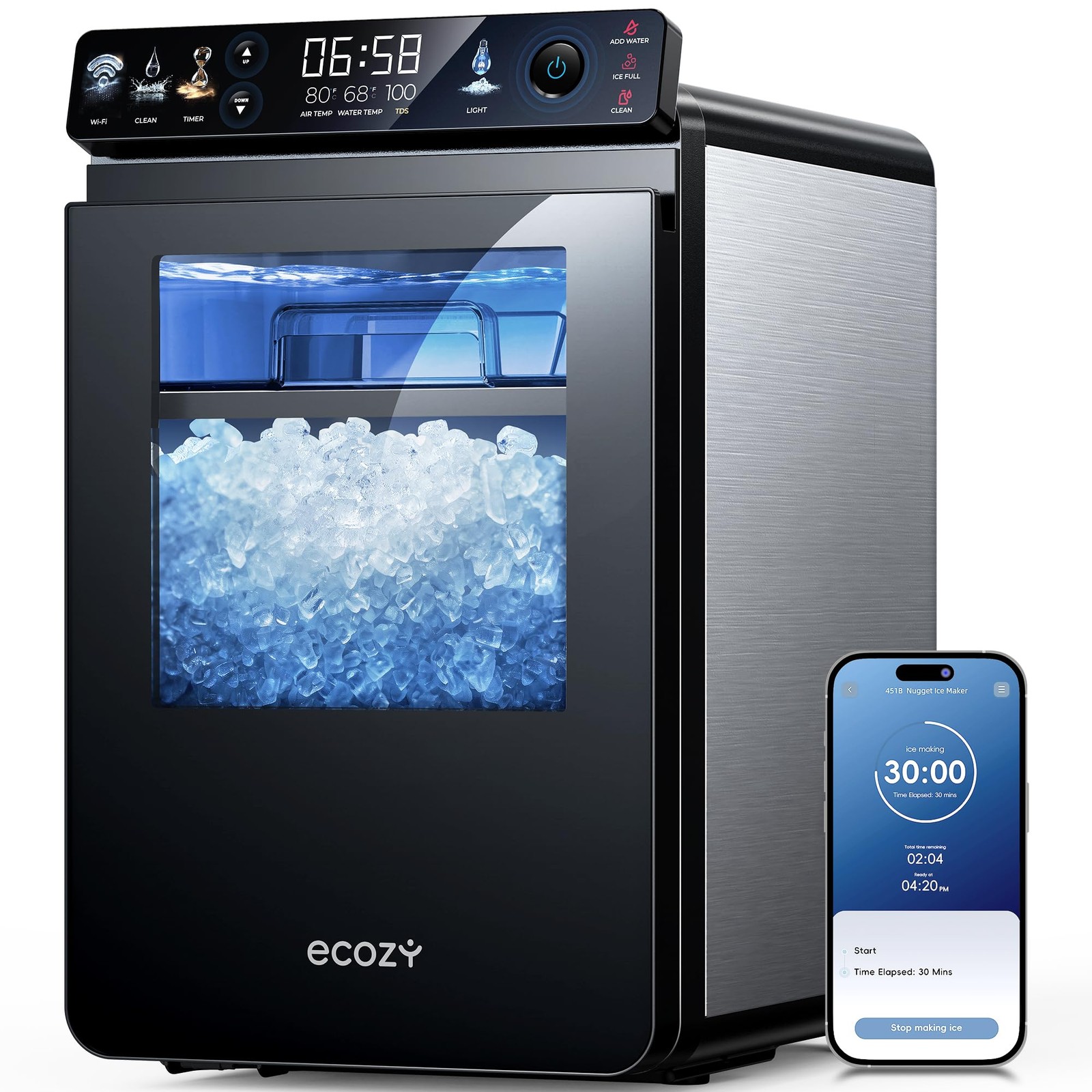 Nugget Ice Maker Countertop 44 lbs 24H Smart Panel APP Control Silver ecozy Tank gallery