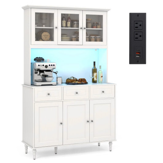 77 Inches Kitchen Pantry Storage Cabinet with LED Lights and Power Outlets-White gallery